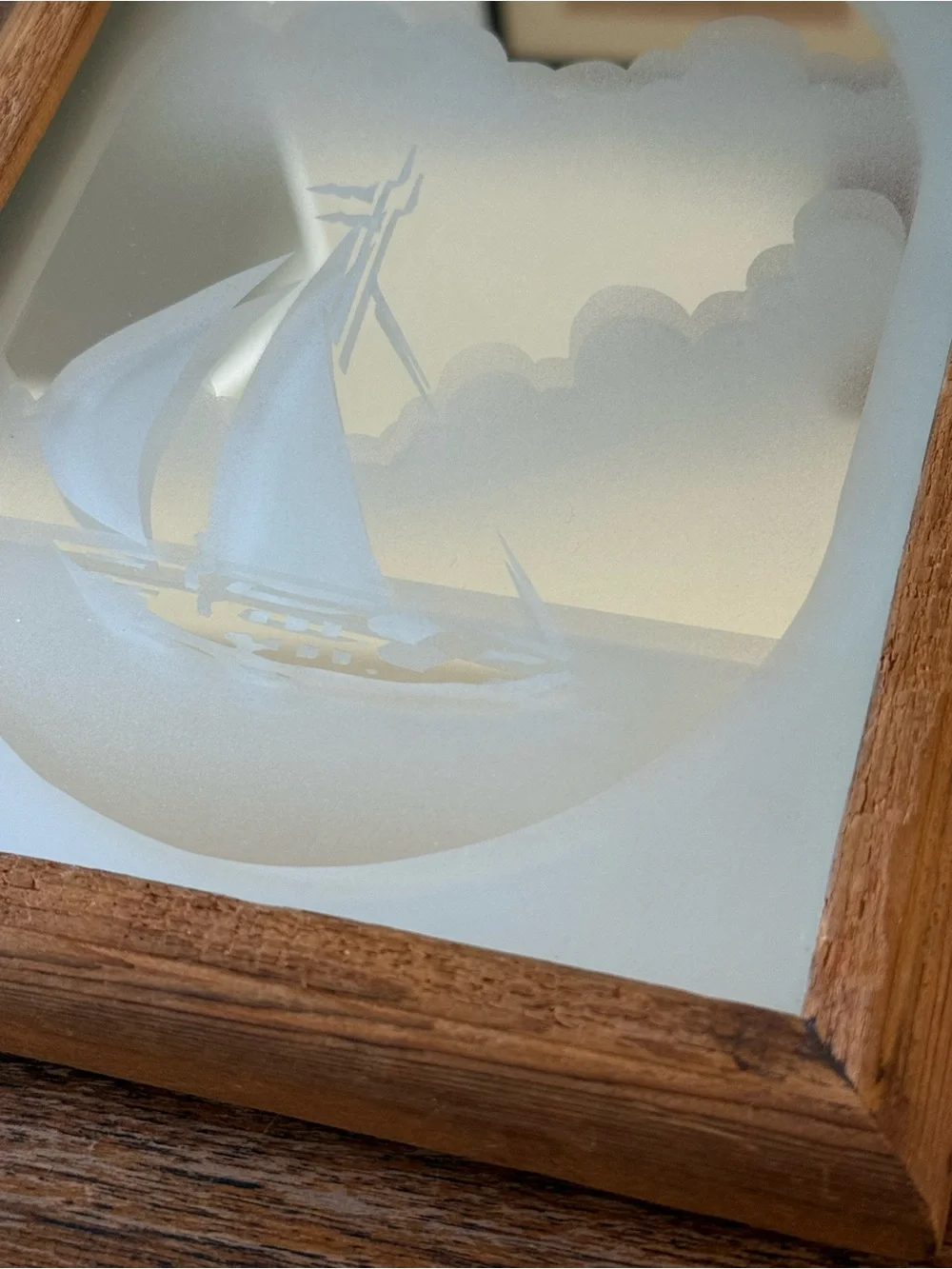 Vintage Brown Framed Etched Glass Sailboat Mirror